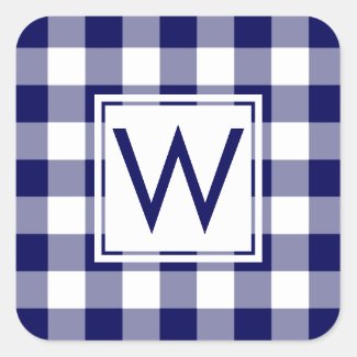 Monogrammed Navy and White Gingham Plaid Pattern Square Sticker