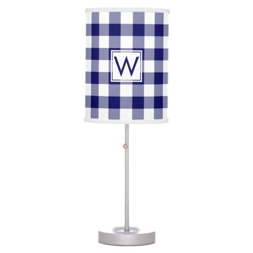 Monogrammed Navy and White Gingham Plaid Pattern Table Lamp