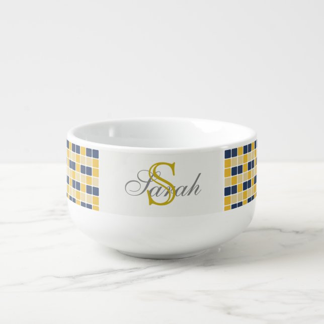 Monogrammed Navy and Yellow Mosaic Soup Mug (Front)