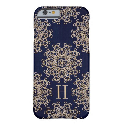 Monogrammed Navy Blue and Gold Exotic Medallion Barely There iPhone 6 Case