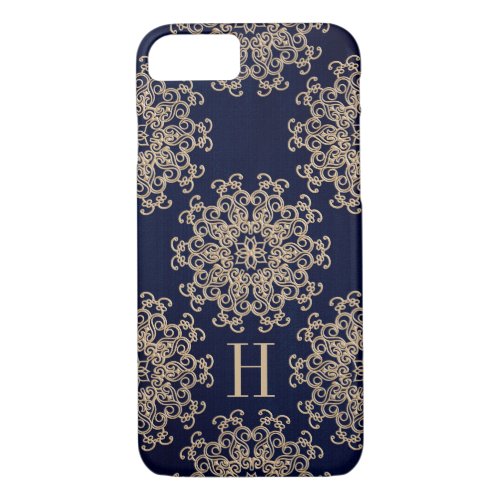 Monogrammed Navy Blue and Gold Exotic Medallion iPhone 87 Case