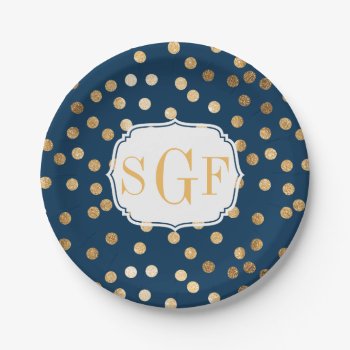 Monogrammed Navy Blue And Gold Glitter Dots Paper Plates by HoundandPartridge at Zazzle