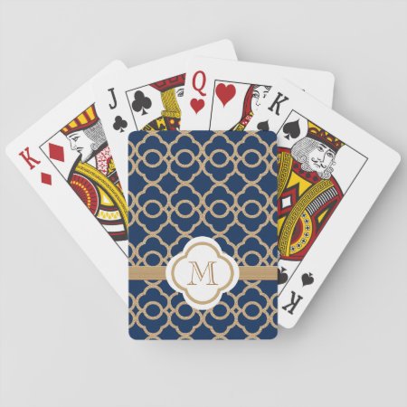 Monogrammed Navy Blue And Gold Moroccan Playing Cards