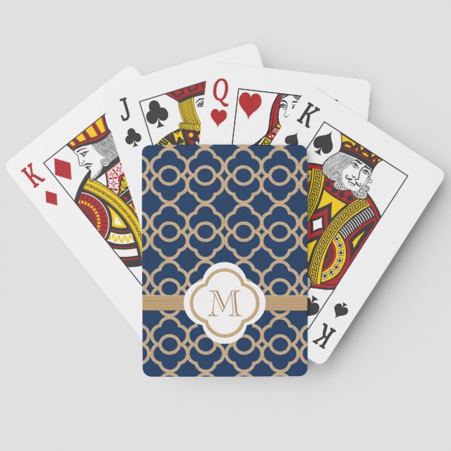 Monogrammed Navy Blue and Gold Moroccan Poker Cards (Back)
