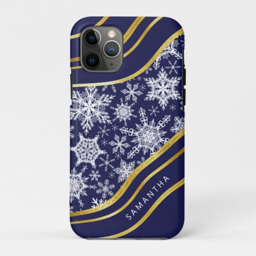 Monogrammed Navy Blue and Gold Snowflakes Winter iPhone 11 Pro Case