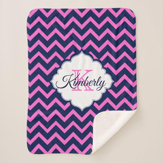 Monogrammed Navy-Blue And Pink Chevron Sherpa Blanket (Front)