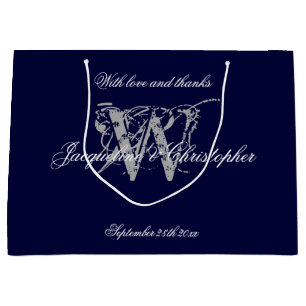 Monogrammed Navy Blue And Silver Chic Wedding   Large Gift Bag