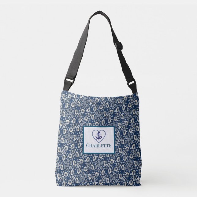Monogrammed Navy Blue And White Floral Tote Bag (Front)