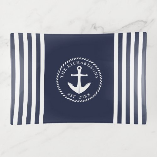 Monogrammed Navy Blue and White Nautical Anchor Trinket Tray