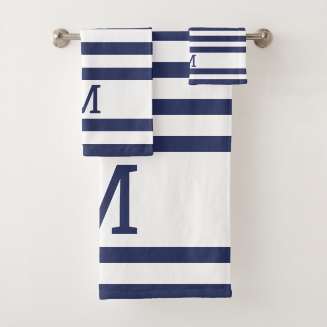 Monogrammed Navy Blue And White Striped Bath Towel Set (Insitu)