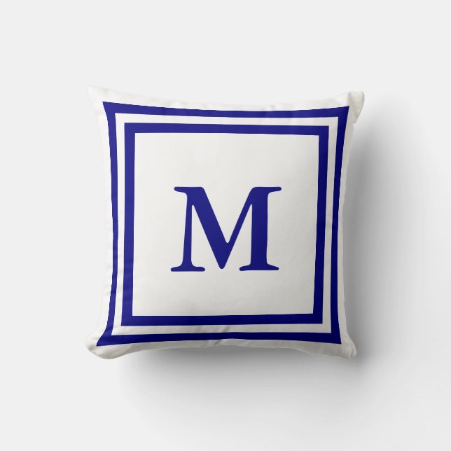 Monogrammed Navy Blue and White Throw Pillow (Front)