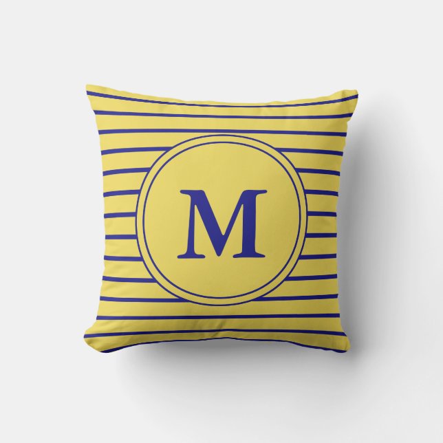 Monogrammed Navy Blue and Yellow Striped Pattern Outdoor Pillow (Front)