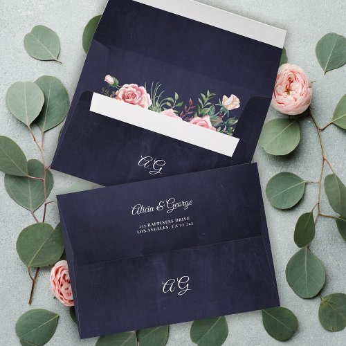 Monogrammed navy blue blush pink floral wedding envelope