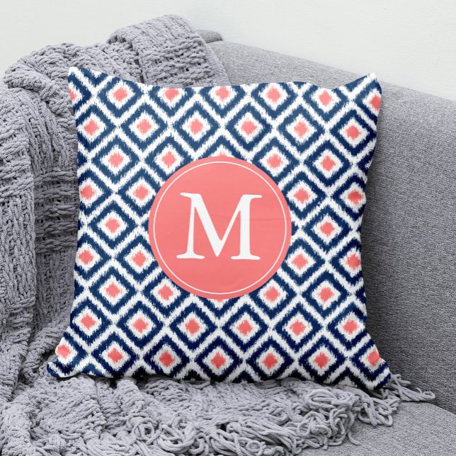 Monogrammed Navy Blue Coral Diamonds Ikat Pattern Throw Pillow (Creator Uploaded)