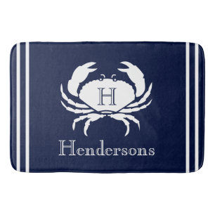Monogrammed Navy Blue Crab Nautical Bath Mat