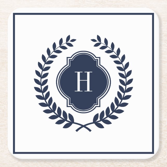 Monogrammed Navy-Blue Crest Wreath Square Paper Coaster (Front)