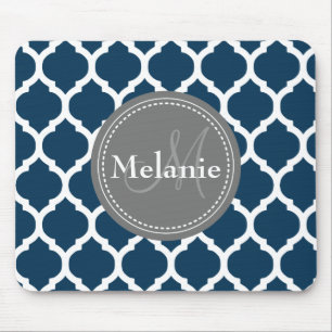 Monogrammed Navy Blue & Grey Quatrefoil Mouse Pad