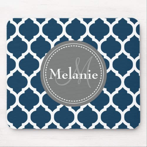 Monogrammed Navy Blue  Grey Quatrefoil Mouse Pad