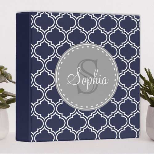 Monogrammed Navy Blue Lattice Pattern Binder