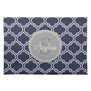 Monogrammed Navy Blue Lattice Pattern Cloth Placemat