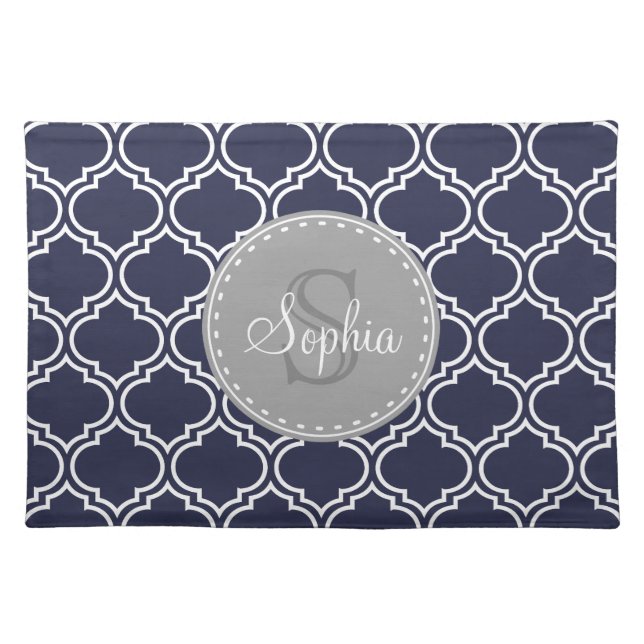 Monogrammed Navy Blue Lattice Pattern Cloth Placemat (Front)