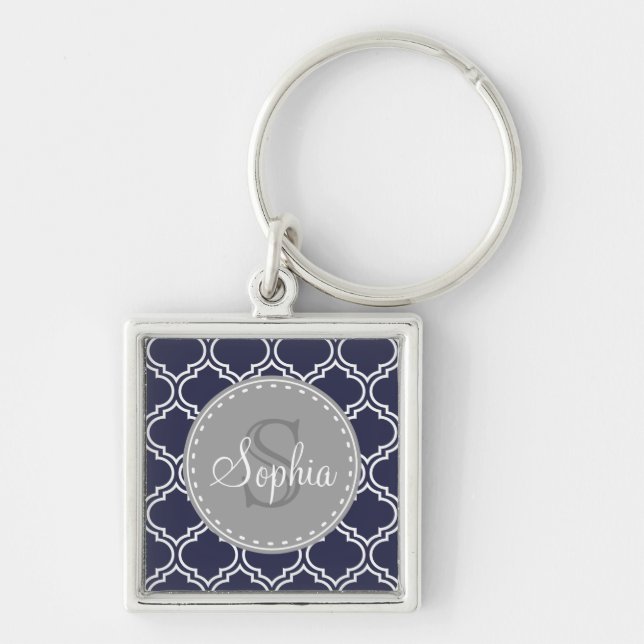 Monogrammed Navy Blue Lattice Pattern Keychain (Front)