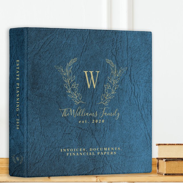 Monogrammed navy blue leather estate planning 3 ring binder (Creator Uploaded)