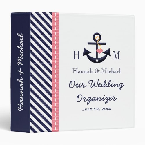 Monogrammed Navy Blue Pink Anchor Wedding Planner Binder