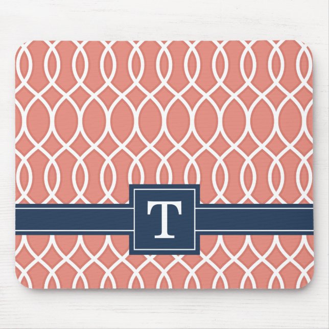 Monogrammed Navy Blue Pink Lattice Pattern Mouse Pad (Front)