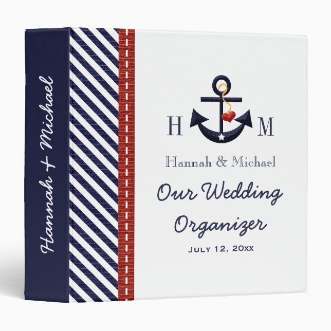 Monogrammed Navy Blue Red Anchor Wedding Planner Binder (Front/Spine)