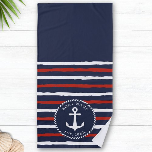 Monogrammed Navy Blue Red White Anchor Nautical Beach Towel