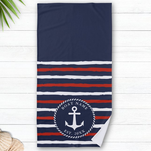 Monogrammed Navy Blue Red White Anchor Nautical Beach Towel (Creator Uploaded)