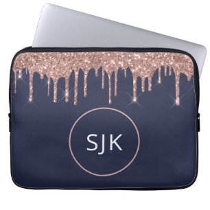 Monogrammed Navy Blue Rose Gold Glitter Drips Laptop Sleeve
