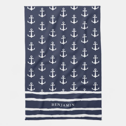 Monogrammed Navy Blue White Anchor Nautical Kitchen Towel