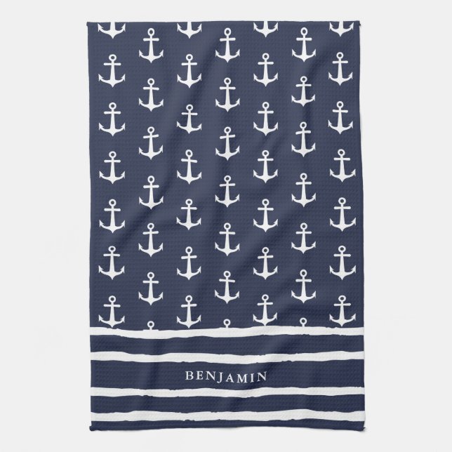 Monogrammed Navy Blue White Anchor Nautical Kitchen Towel (Vertical)
