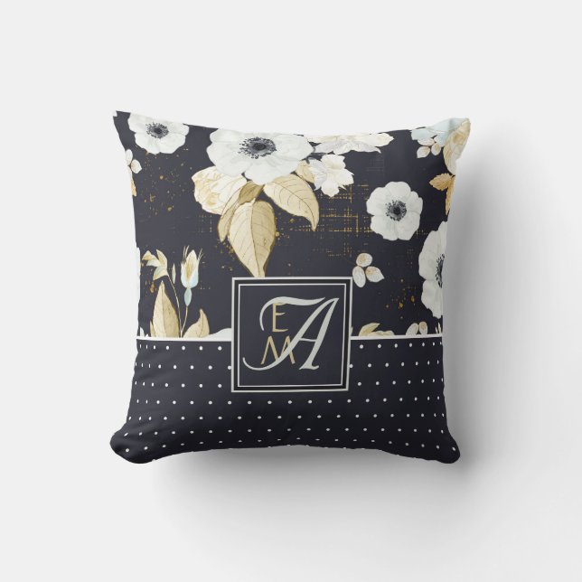 Monogrammed Navy Blue White ANEMONE Floral Decor Throw Pillow (Front)
