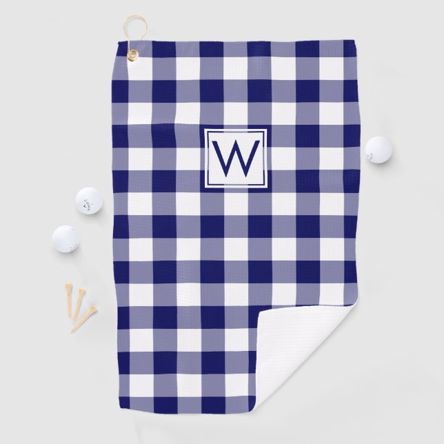 Monogrammed Navy Blue White Buffalo Plaid Pattern Golf Towel (InSitu)