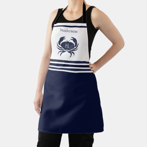 Monogrammed Navy Blue White Crab Nautical Apron
