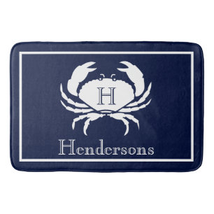 Monogrammed Navy Blue White Crab Nautical  Bath Mat