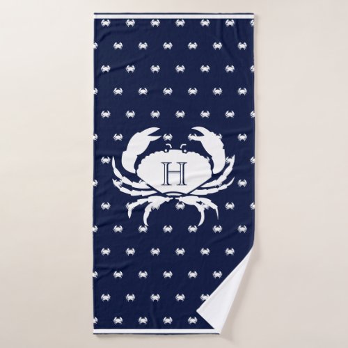 Monogrammed Navy Blue White Crab Nautical   Bath Towel