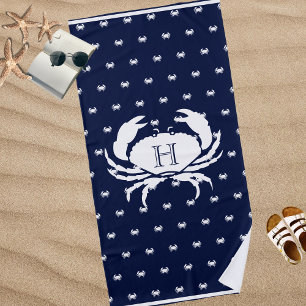 Monogrammed Navy Blue White Crab Nautical Beach Towel