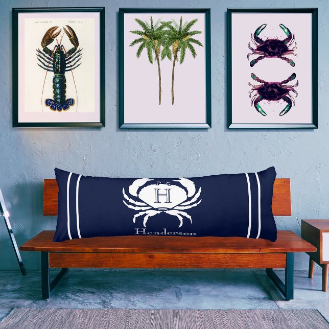 Monogrammed Navy Blue White Crab Nautical   Body Pillow (Creator Uploaded)
