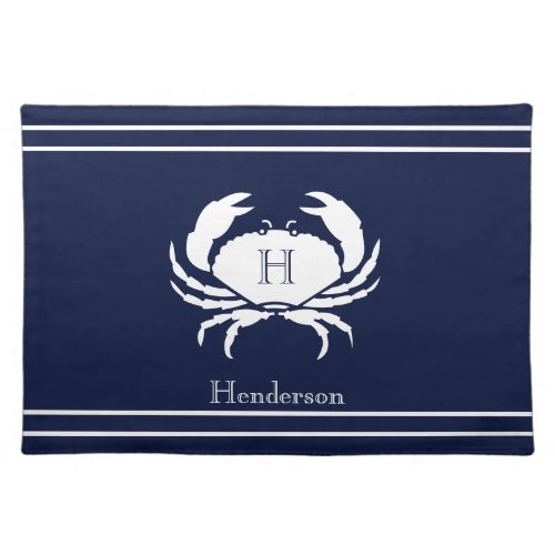 Monogrammed Navy Blue White Crab Nautical   Cloth Placemat