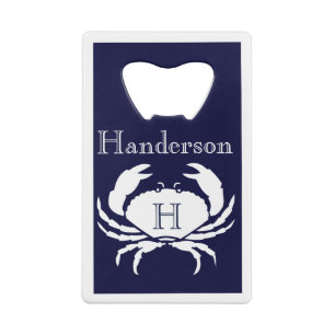 Monogrammed Navy Blue White Crab Nautical Cr Credit Card Bottle Opener