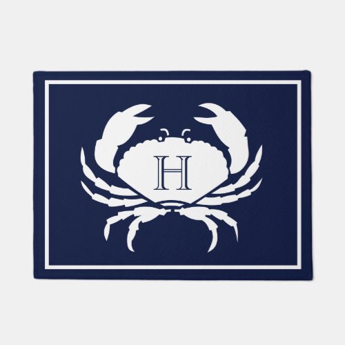 Monogrammed Navy Blue White Crab Nautical Doormat