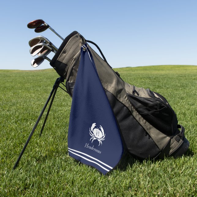 Monogrammed Navy Blue White Crab Nautical  Golf Towel (Green)