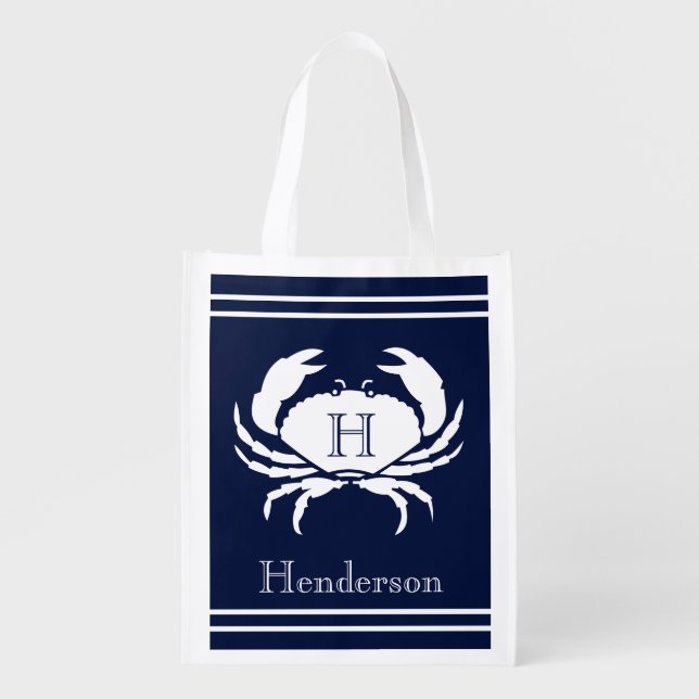 Monogrammed Navy Blue White Crab Nautical  Grocery Bag (Front)