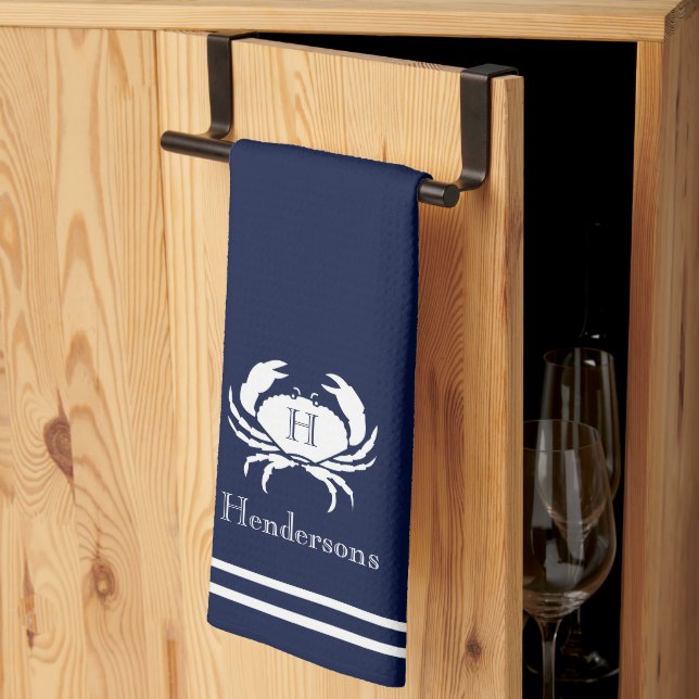 Monogrammed Navy Blue White Crab Nautical Kitchen Towel (Thirds Fold)