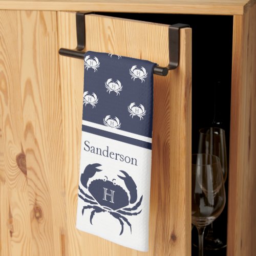 Monogrammed Navy Blue White Crab Nautical Kitchen Towel