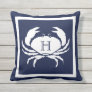 Monogrammed Navy Blue White Crab Nautical Outdoor Pillow